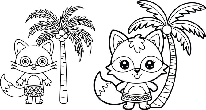 Cute cartoon fox characters wearing tropical skirts next to palm trees coloring page book outline vector illustration isolated on white