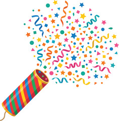 Obraz premium Party popper exploding with confetti and ribbons bright festive celebration vector illustration isolated on transparent background design.