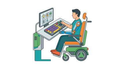 Man in wheelchair with prosthetic arm using computer and joystick © Gacor
