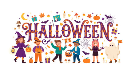 Fototapeta premium Halloween Celebration Banner: A vibrant illustration of children in festive costumes holding pumpkins and candy.
