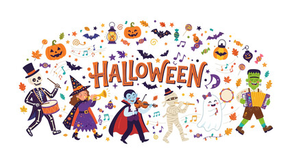 Fototapeta premium Halloween Music Band: A whimsical ensemble of classic Halloween characters, including a skeleton drummer, witch, vampire, mummy, ghost, and Frankenstein's monster, form a lively music band.