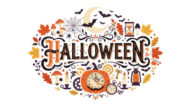 Spooky Halloween Collage: A vibrant and whimsical illustration for Halloween, featuring the word Halloween surrounded by classic spooky elements like pumpkins, bats, spiders, cobwebs, autumn leaves.