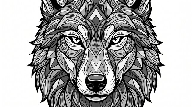 Premium geometric wolf head vector illustration, fierce wolf face mascot logo, black and white monochrome design, bold polygon line art, angular crystal facets, symmetrical composition, sharp facial d