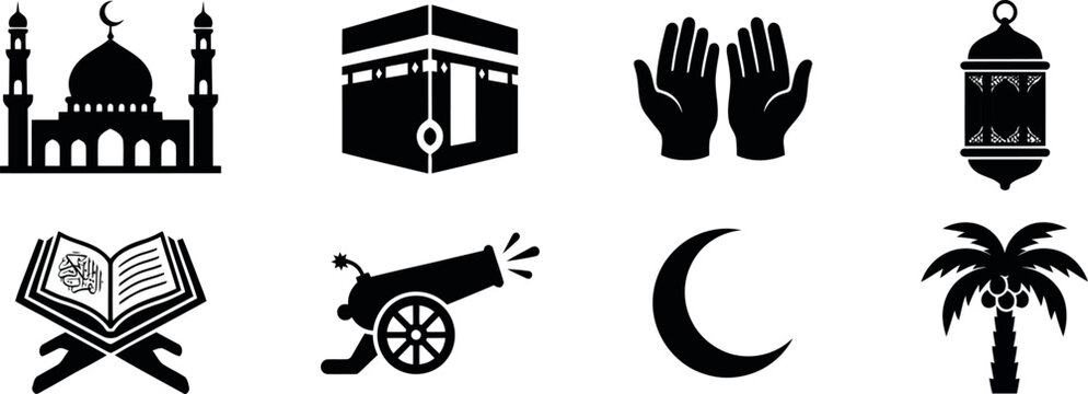 Islamic symbols collection mosque kaaba prayer and traditional arabic elements