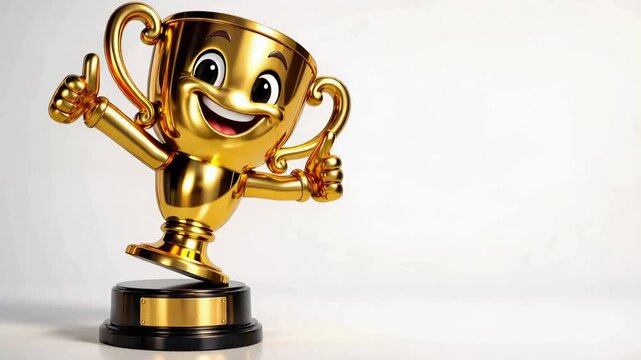 Cheerful golden trophy character celebrating victory on a clean white studio background