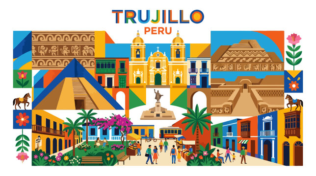 Vibrant colorful illustration of the historic town square in Trujillo Peru abundant with lively architecture and cultural