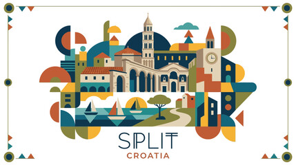 Obraz premium Vivid Illustrative Map Representation of Split Croatia Highlighting Architectural Landmarks and Coastal Landscape in Bright Colors