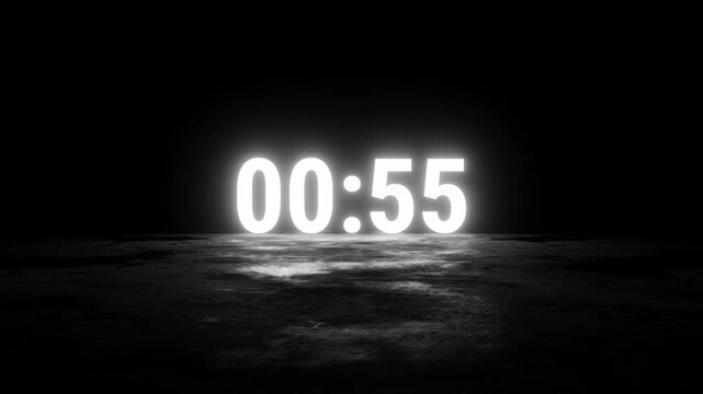 Countdown 1 minutes with white glowing timer 60 to 0 seconds