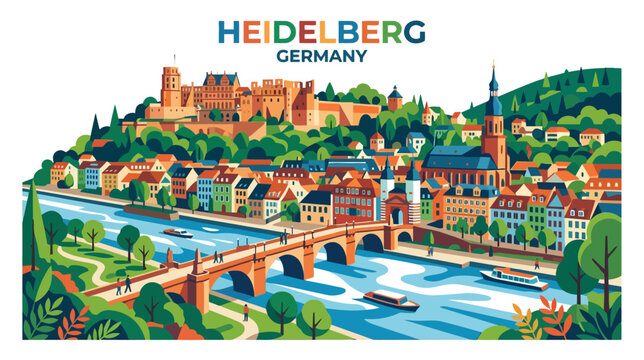 Colorful artistic illustration of heidelberg germany showcasing historic castle and vibrant cityscape with river and lush