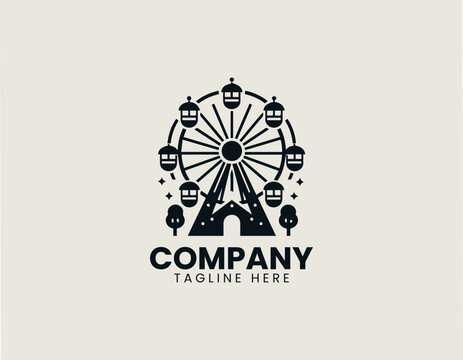 Minimal Ferris wheel amusement park black vector logo illustration style