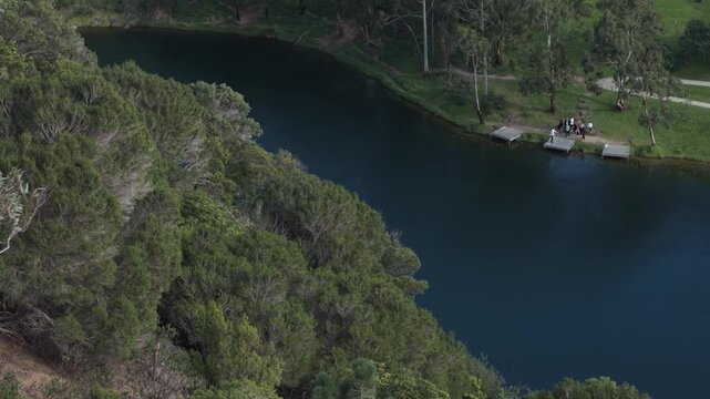 Aerial revealing view of the blue lake in mount gambier