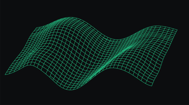 Green wavy grid surface on black background for digital terrain modeling wave propagation data flow visualization and futuristic technology.