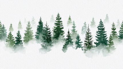 Obraz premium Seamless repeat watercolor pattern of layered stylized evergreen pine trees shrouded in thick white fog, emerald sage dark pine green foliage, faint distant small trees and sharp detailed foreground