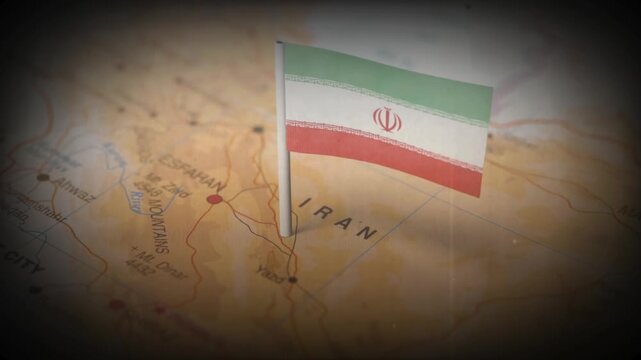 National Flag of Iran Waving Loop Over Country Geographical Map with Pin on Tehran