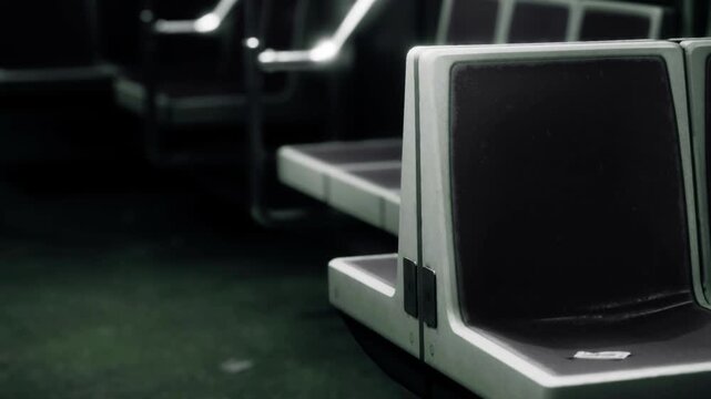 A quiet subway train has empty seats in the late night. The lights are on and there are no people around. The atmosphere is still and the train is moving through the underground.