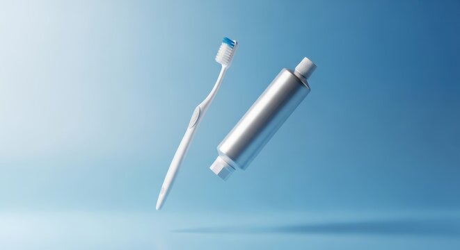 Toothbrush and toothpaste tube floating. Dental hygiene tools for daily oral care on blue background.