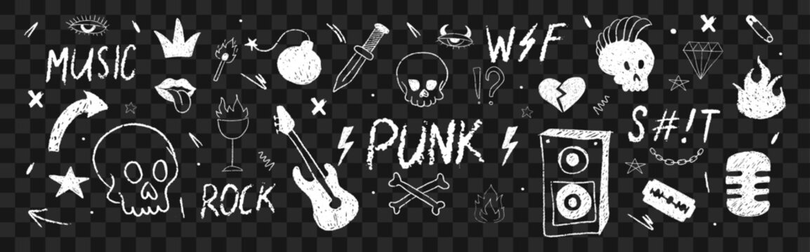 Punk rock music crayon doodle art. Ink bold skull icons. Grunge brushstroke chaos. White wax Vector illustration on dark transparent background.