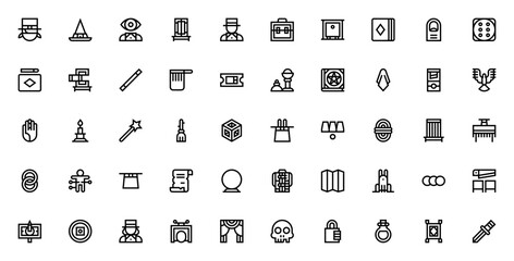 Magic_7795 icon set. Magic vector icons pack. Minimalist line icons. Includes magician, witch, mentalist, magic tricks, playing cards, crystal ball, rabbit, and more. Editable vector stroke. © wang