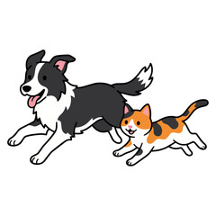 Naklejka premium Border collie and calico cat run together in a joyful display of friendship and high energy movement.