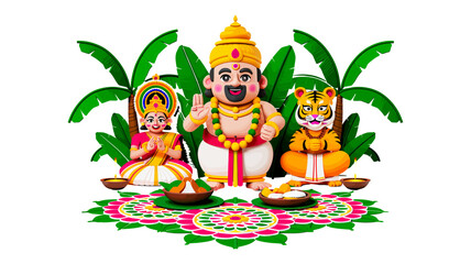 Obraz premium Onam Festival Illustration Featuring King Mahabali, Pookalam Floral Rangoli, Kathakali Performer, Tiger and Traditional Sadya