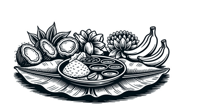 Onam Festival Illustration Featuring King Mahabali, Pookalam Floral Rangoli, Kathakali Performer, Tiger and Traditional Sadya