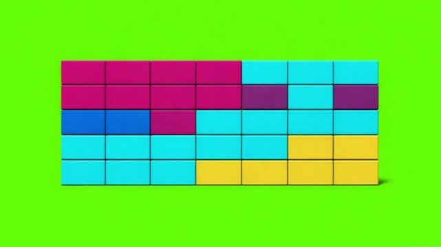 Abstract Pixel Blocks Falling on Green Screen Chroma Key, Retro 2D Vector Arcade Video Motion Graphic
