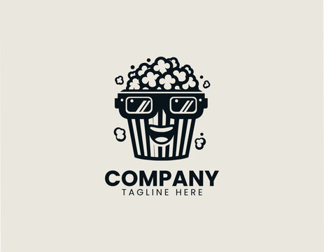 Cute popcorn mascot wearing 3D glasses vector logo illustration on white background