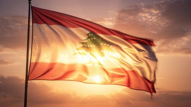 National flag of lebanon waving in the golden sunset sky
