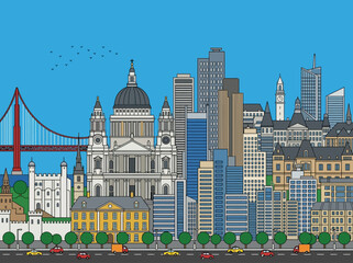 Obraz premium Flat Vector City Skyline Illustration Featuring Global Landmarks and Urban Architecture