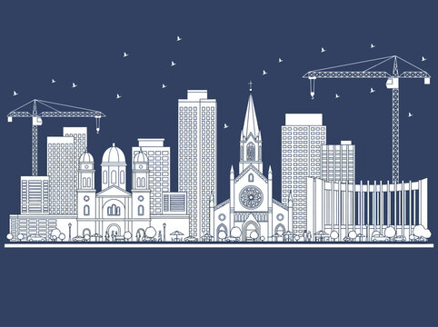 Joinville Brazil City Skyline White Line Art Illustration on Blue Background
