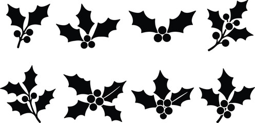 Black silhouette holly branches with leaves and berries on checkered background. © Mst Insanara Begum