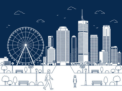 Perth Australia City Skyline Line Art Illustration with Park and People