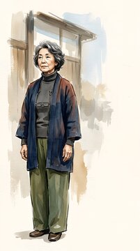 Elderly woman in traditional Korean hanbok standing gracefully by a wooden door in a serene, cultural setting