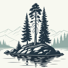 Obraz premium Forest Island Lake Flat Vector Landscape