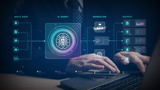 Business Professional Using AI Agent Workflow for Intelligent Automation, Data Processing and Secure Decision Making Analytics, Digital Big Data Transformation, 3d rendering