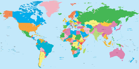 Naklejka premium political world map colorful flat design on light blue background geography country borders global illustration vector continent shapes international geographic
