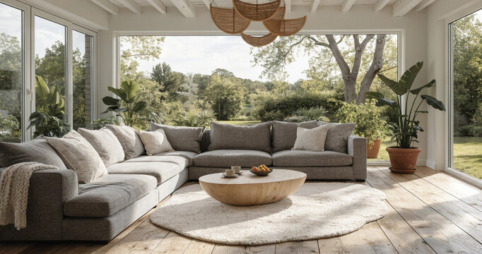 Modern Luxury Living Room with Comfortable Sofa Large Windows and Garden View Contemporary Interior Design