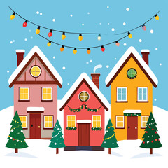 Fototapeta premium Three colorful houses with snow and Christmas lights on a snowy night