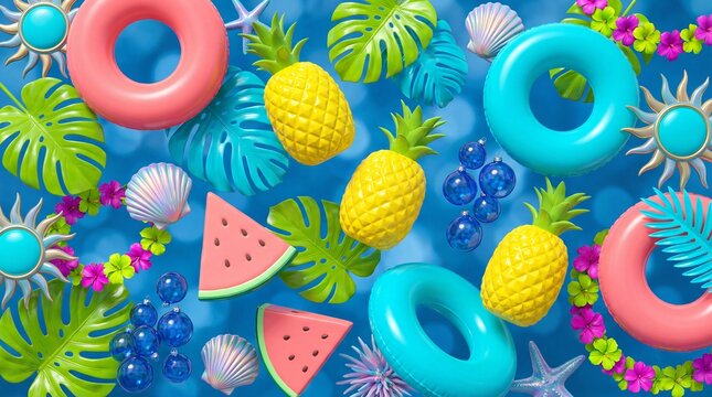 Floating tropical objects over blue bokeh background for summer promotion