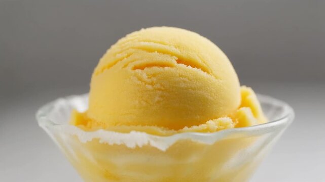Macro arc shot of a scoop of vibrant yellow mango sorbet ice cream in a glass bowl
