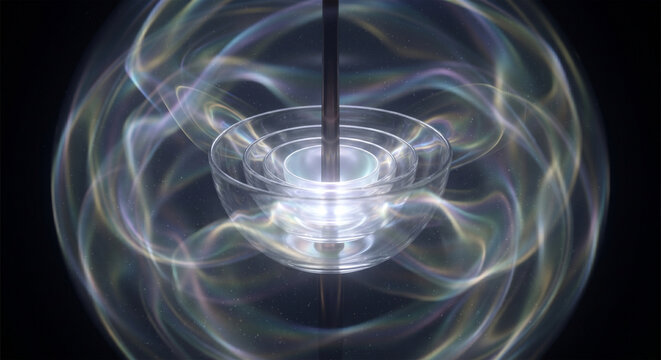 A conceptual, surreal image of a glass harmonica floating in a dark, infinite, and minimalist space, with glowing, ethereal, and iridescent sound waves emanating from the rotating bowls, representing 