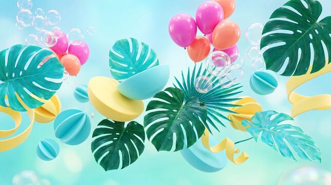 Floating tropical foliage and geometric objects in a bright summer festival setting.