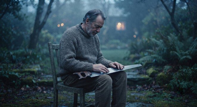 A candid, contemplative photograph of a musician sitting alone on a wooden chair in a quiet, mist-covered garden at twilight, gently holding the saw, with soft, cool-toned ambient light 
