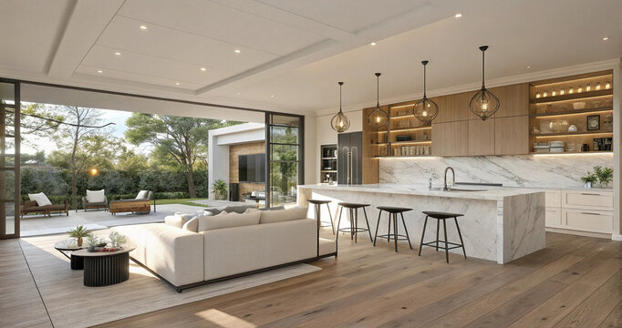 Modern spacious living room and kitchen with premium hardwood floors and stylish lighting. High end residential home interior with minimalist sofa and elegant marble details
