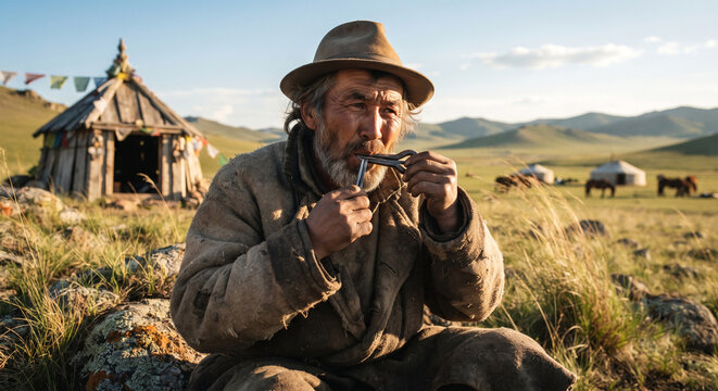 A candid, documentary-style photograph of a nomadic musician performing outdoors, captured in natural, sun-drenched lighting, with the Jew's Harp 
