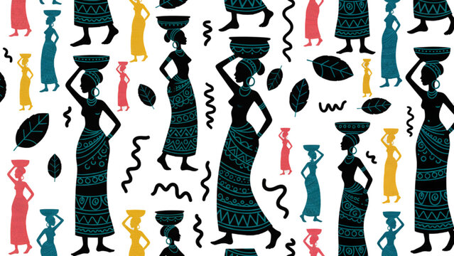 African Woman Silhouette Seamless Pattern, Tribal Ethnic Vector Background Illustration