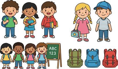 Fototapeta premium Happy diverse school children with books, backpacks, lunchbox, and classroom chalkboard isolated on white background vector collection