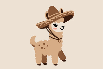Fototapeta premium Adorable cartoon llama illustration featuring a soft tan coat and a large brown sombrero decorated with traditional geometric patterns.