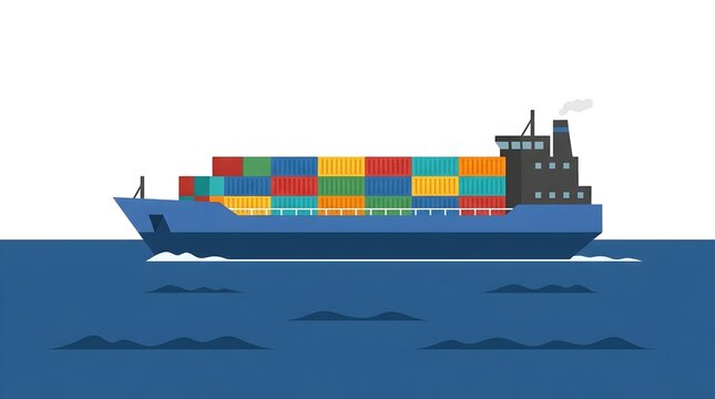 Container cargo ship carrying stacked freight containers across the ocean. Illustration of maritime transportation, international shipping, sea freight logistics, import export business, and global su