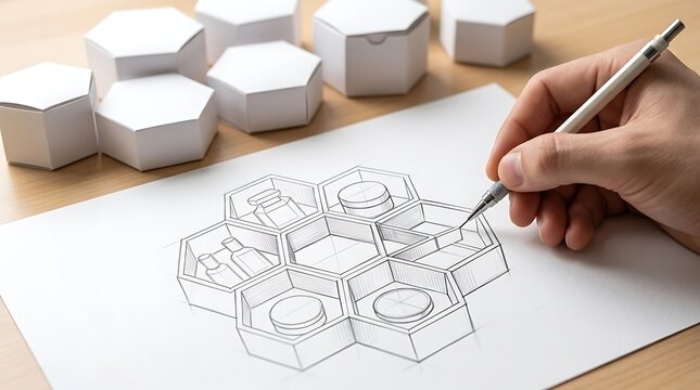 Industrial designer sketching hexagonal product packaging concept on paper